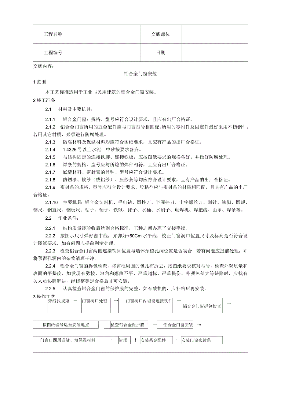 铝合金门窗安装工艺技术交底.docx_第1页