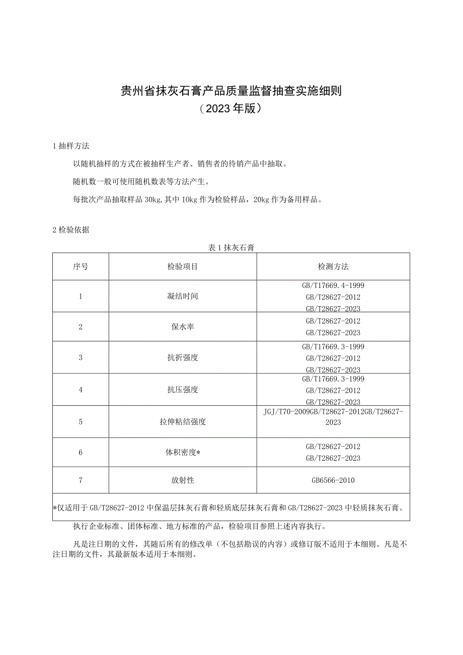 贵州省抹灰石膏产品质量监督抽查实施细则（2023年版）.docx_第1页