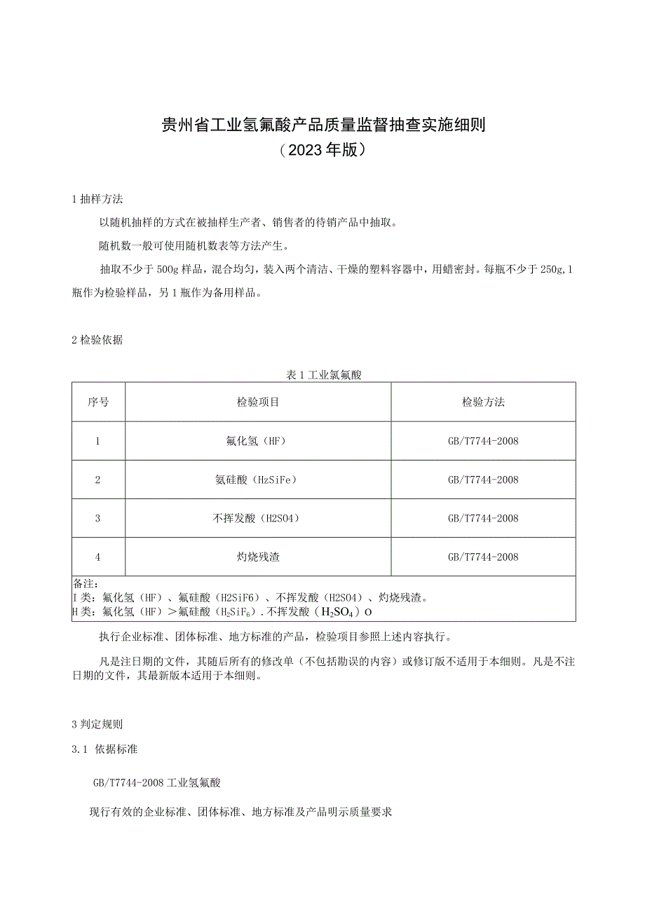 贵州省工业氢氟酸产品质量监督抽查实施细则（2023年版）.docx_第1页