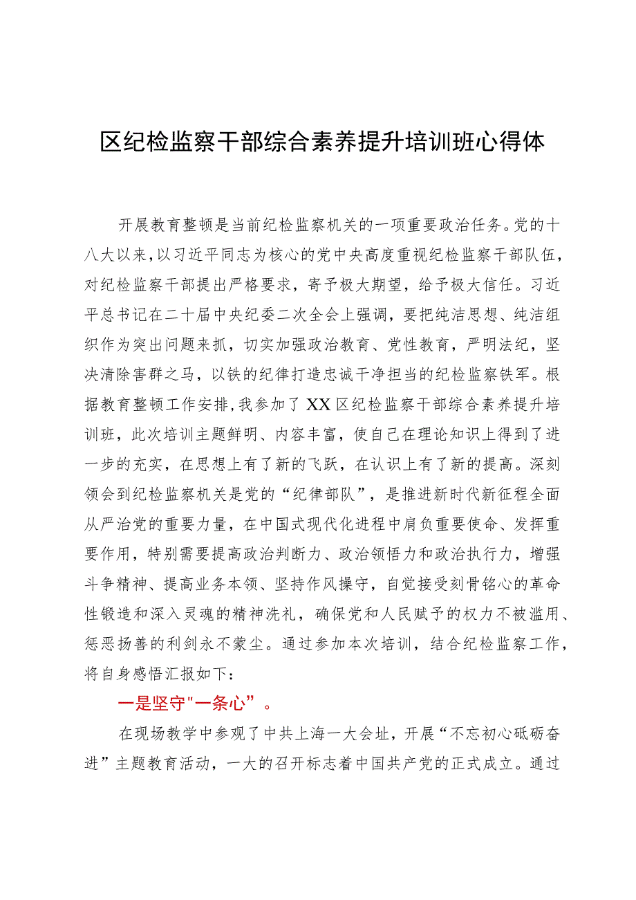 区纪检监察干部综合素养提升培训班心得体会.docx_第1页