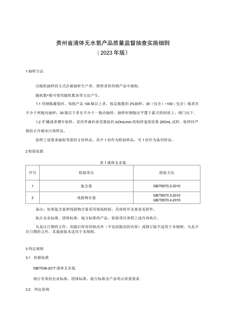 贵州省液体无水氨产品质量监督抽查实施细则（2023年版）.docx_第1页