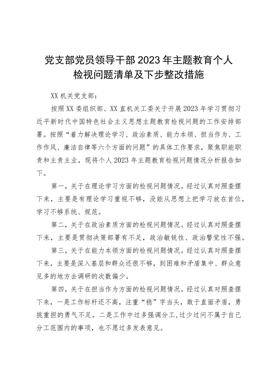 党支部党员领导干部2023年主题教育个人检视问题清单及下步整改措施.docx_第1页