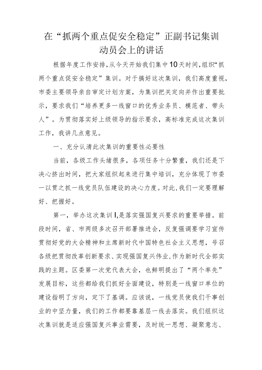 在“抓两个重点促安全稳定”正副书记集训动员会上的讲话.docx_第1页