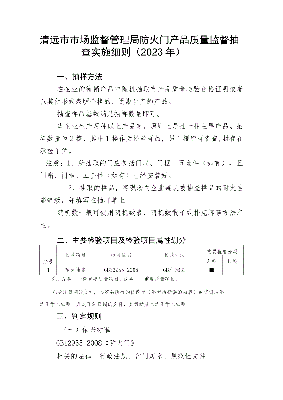 清远市市场监督管理局防火门产品质量监督抽查实施细则2023年.docx_第1页