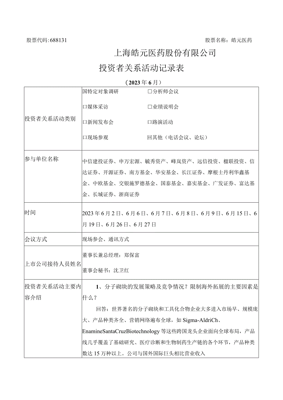 股票代码688131股票名称皓元医药上海皓元医药股份有限公司投资者关系活动记录表.docx_第1页