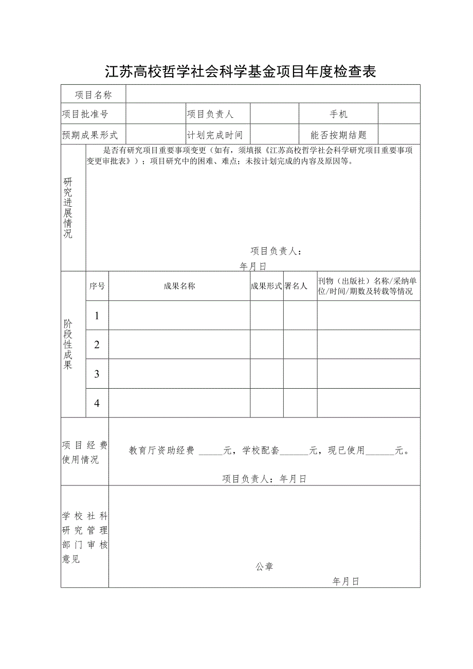 江苏高校哲学社会科学基金项目年度检查表.docx_第1页