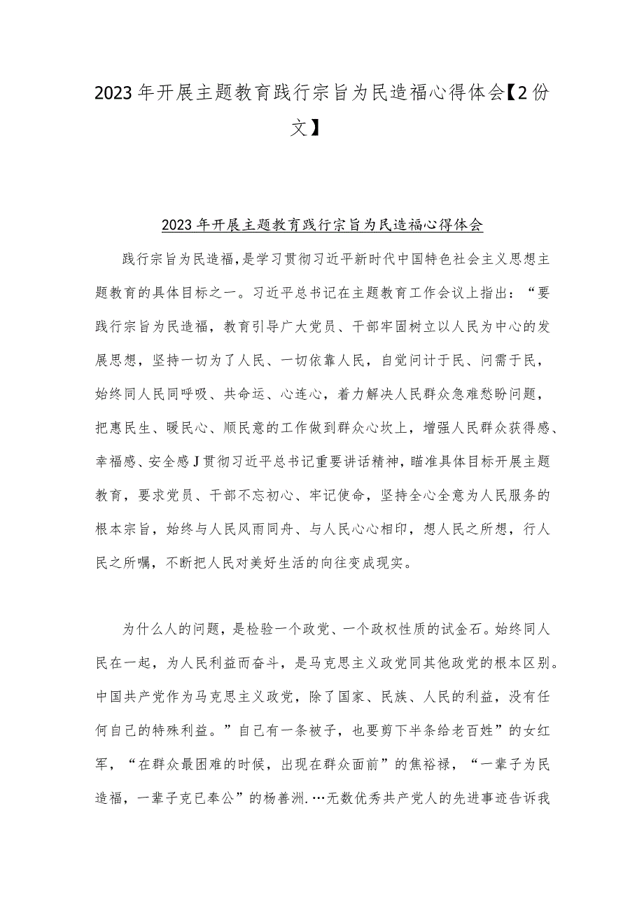 2023年开展主题教育践行宗旨为民造福心得体会【2份文】.docx_第1页