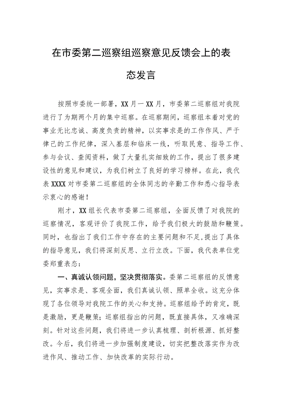 在市委第二巡察组巡察意见反馈会上的表态发言.docx_第1页