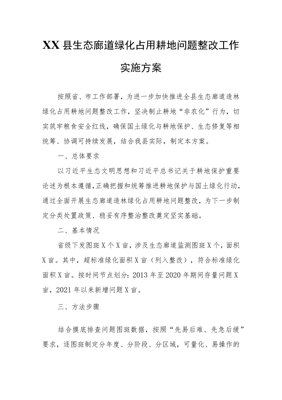 XX县生态廊道绿化占用耕地问题整改工作实施方案.docx_第1页