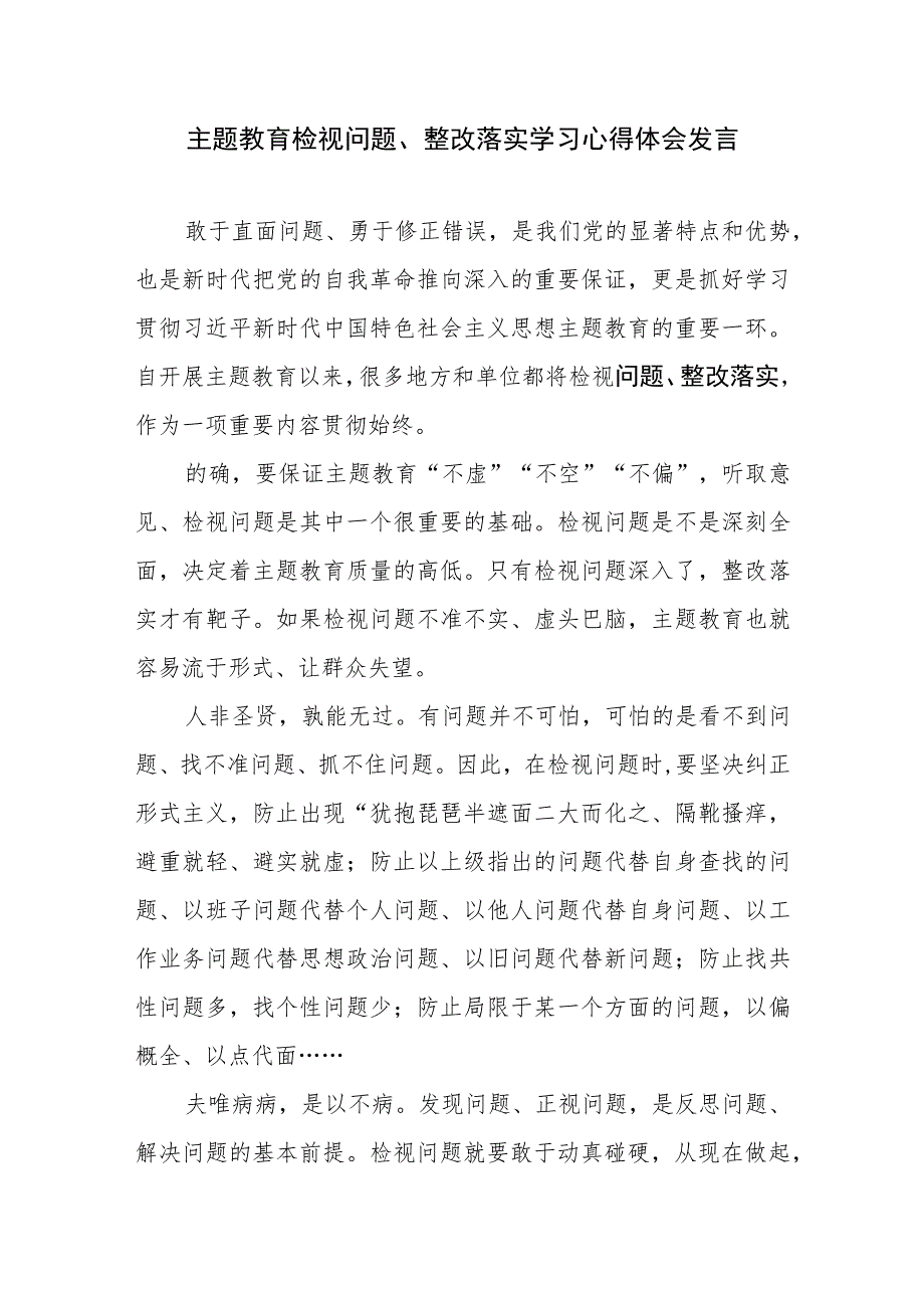 主题教育检视问题、整改落实学习心得体会发言.docx_第1页