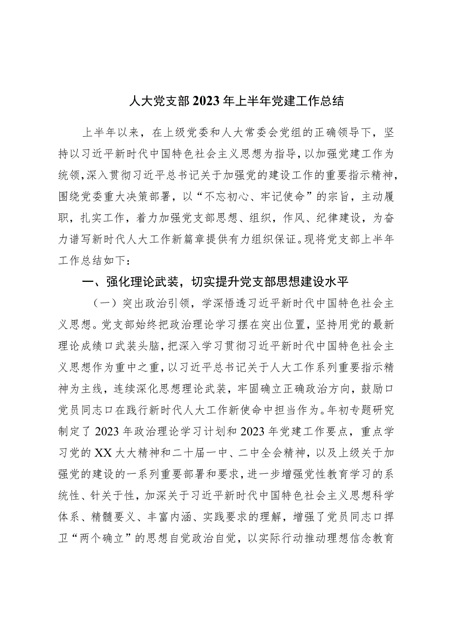 人大党支部2023年上半年党建工作总结.docx_第1页