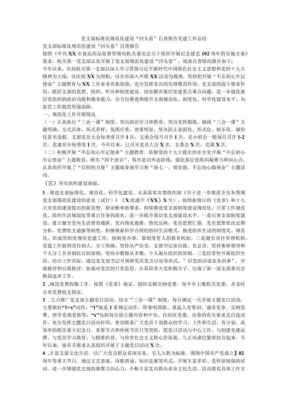 党支部标准化规范化建设“回头看”自查报告党建工作总结.docx_第1页