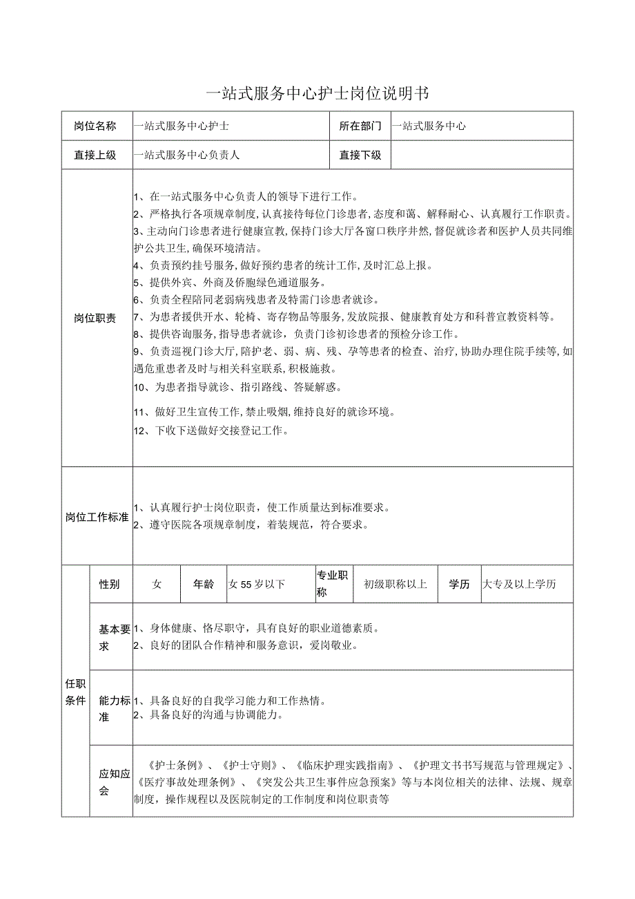 一站式服务中心护士岗位说明书.docx_第1页