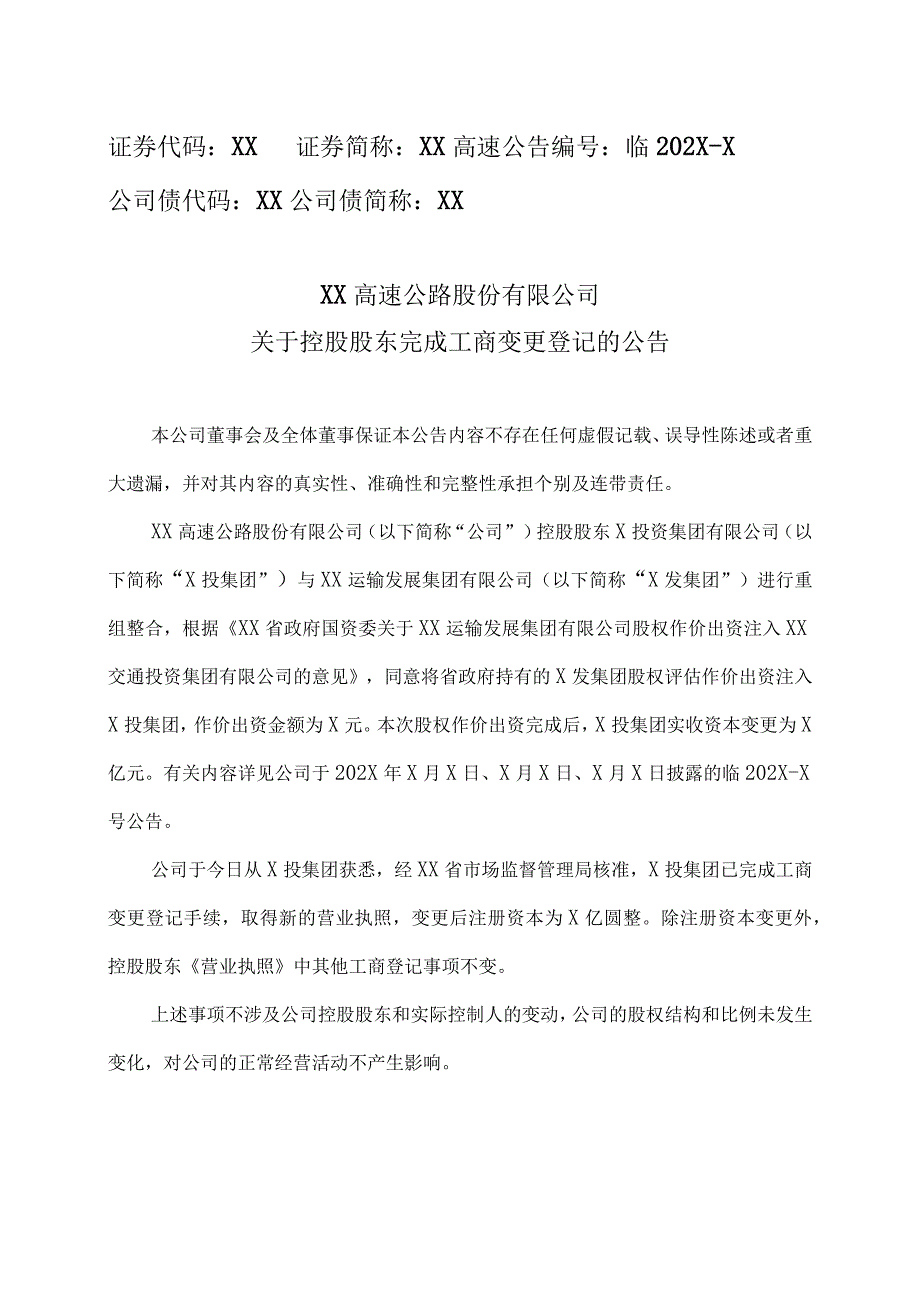 XX高速公路股份有限公司关于控股股东完成工商变更登记的公告.docx_第1页