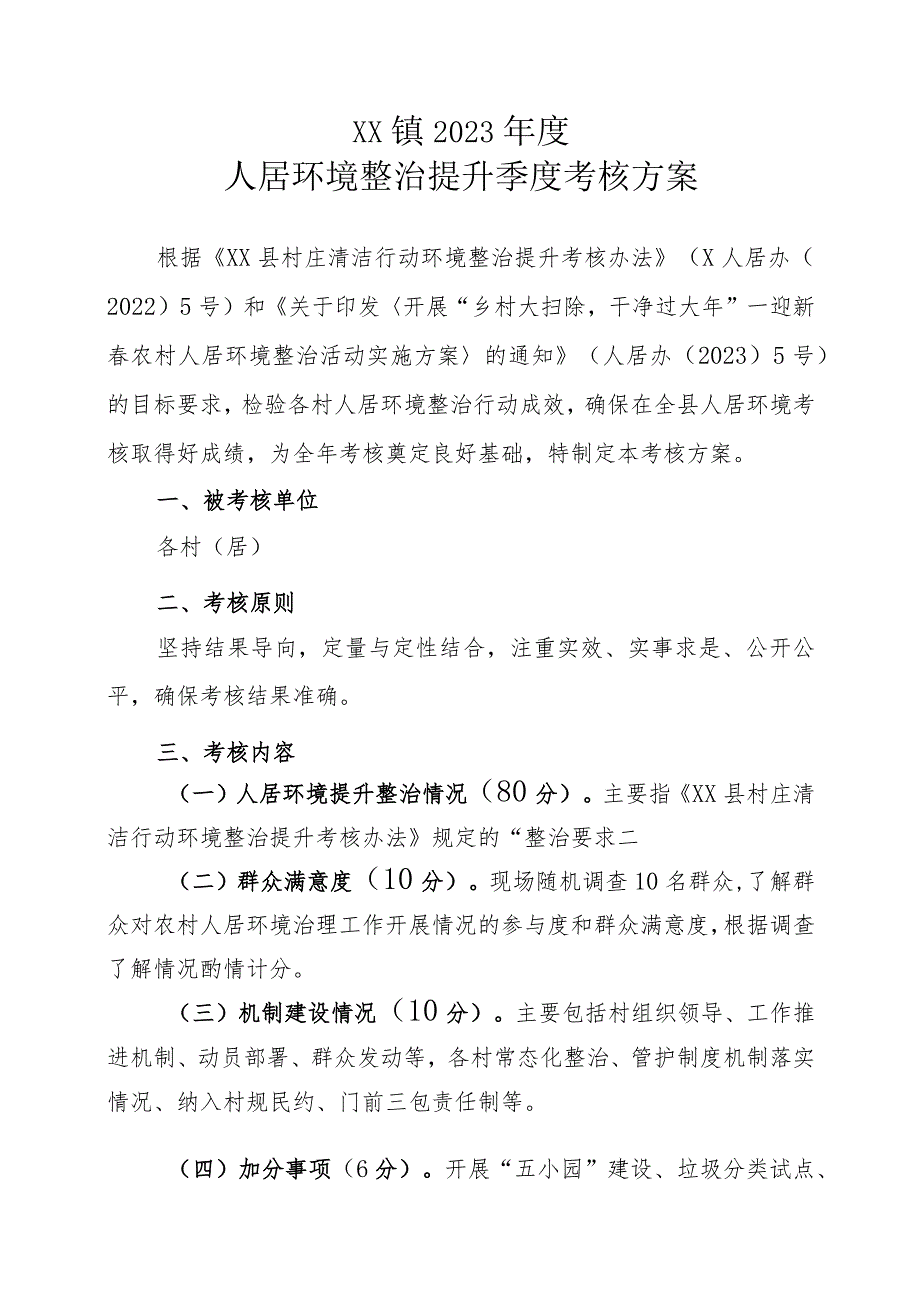 XX镇2023年度人居环境整治提升季度考核方案.docx_第1页