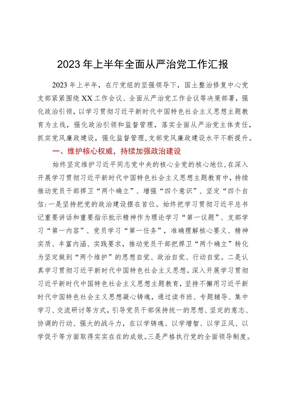 2023年上半年全面从严治党工作汇报.docx_第1页