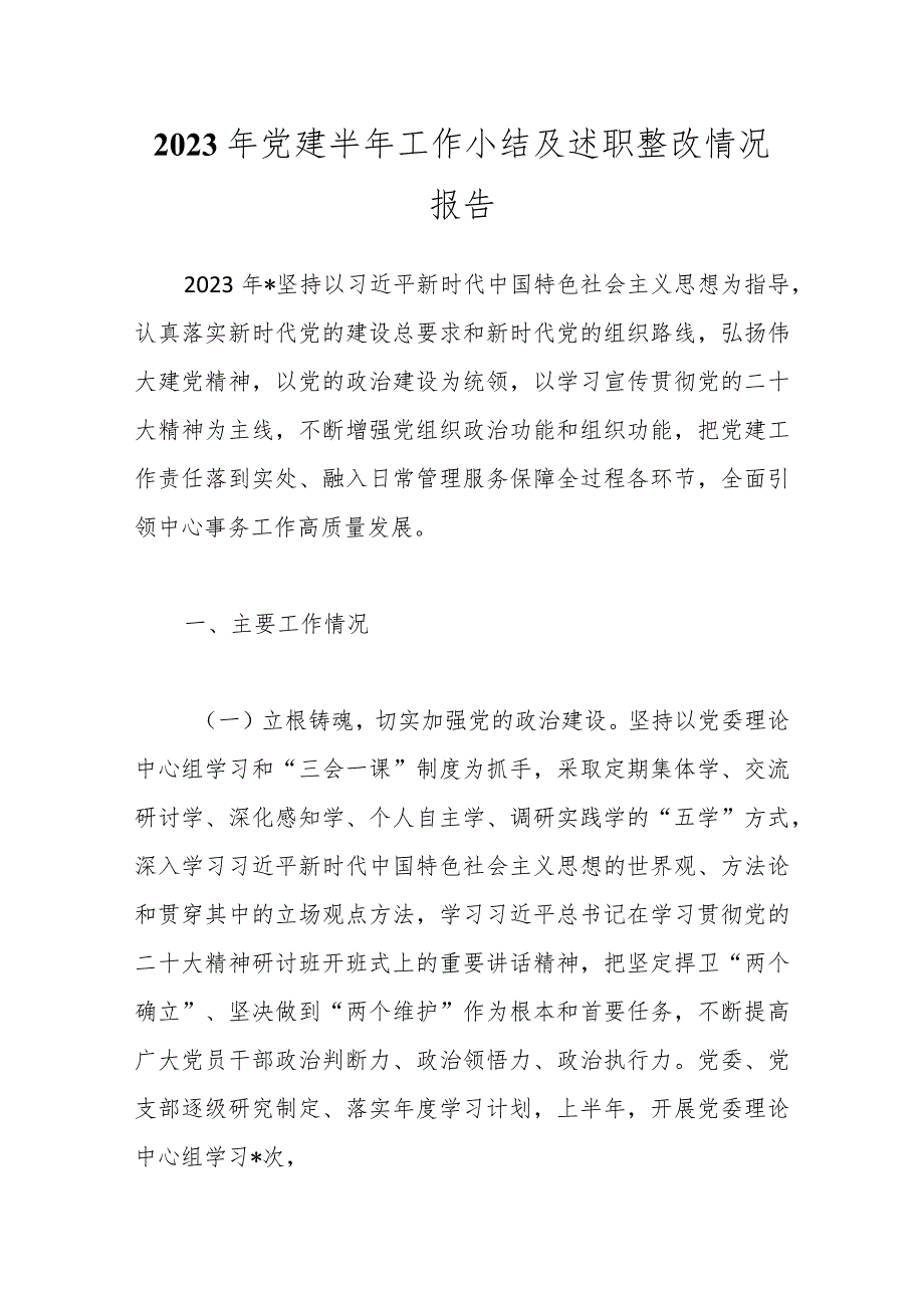 2023年党建半年工作小结及述职整改情况报告.docx_第1页