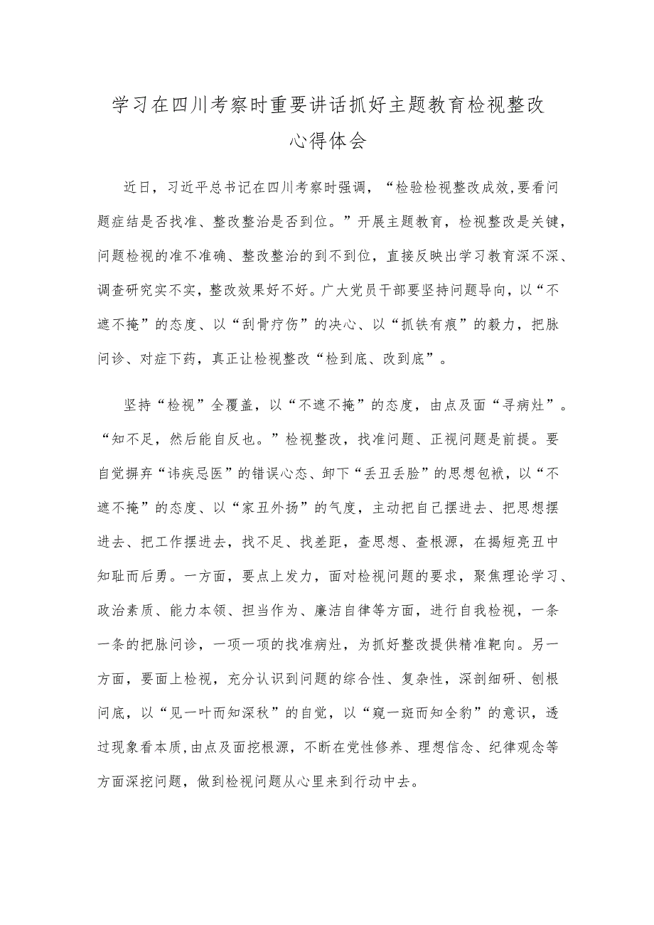 学习在四川考察时重要讲话抓好主题教育检视整改心得体会.docx_第1页