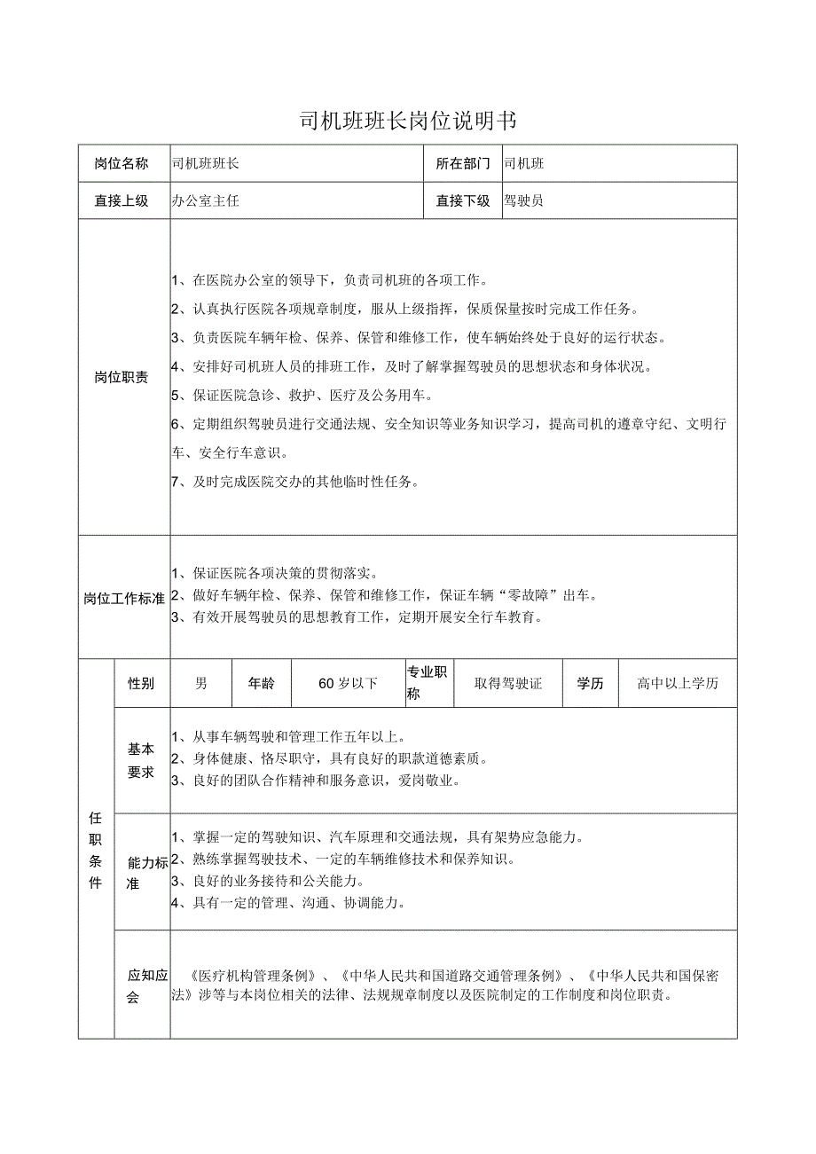 司机班班长岗位说明书.docx_第1页