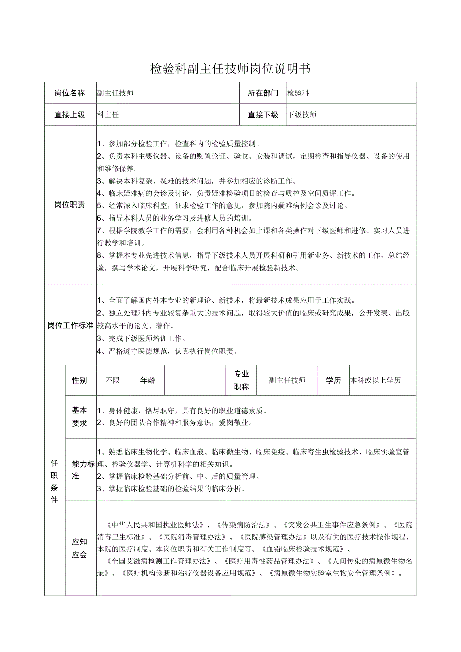 检验科副主任技师岗位说明书.docx_第1页