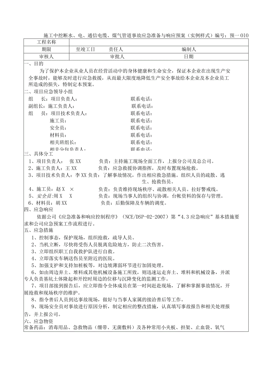 施工中挖断水、电、通信电缆、煤气管道事故应急准备与响应预案.docx_第1页