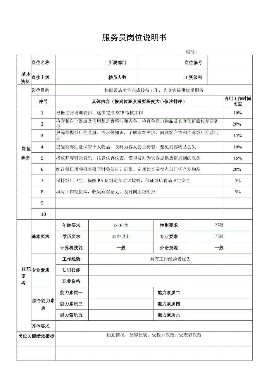 服务员岗位说明书.docx_第1页