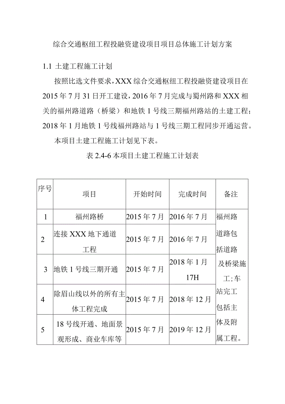 综合交通枢纽工程投融资建设项目项目总体施工计划方案.docx_第1页