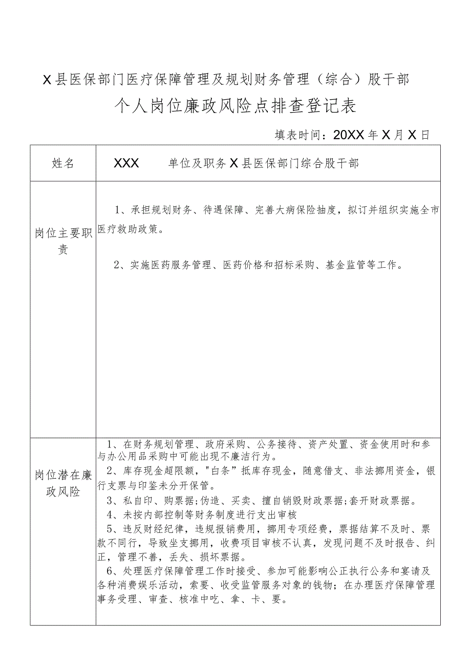 某县医保部门医疗保障管理及规划财务管理（综合）股干部个人岗位廉政风险点排查登记表.docx_第1页