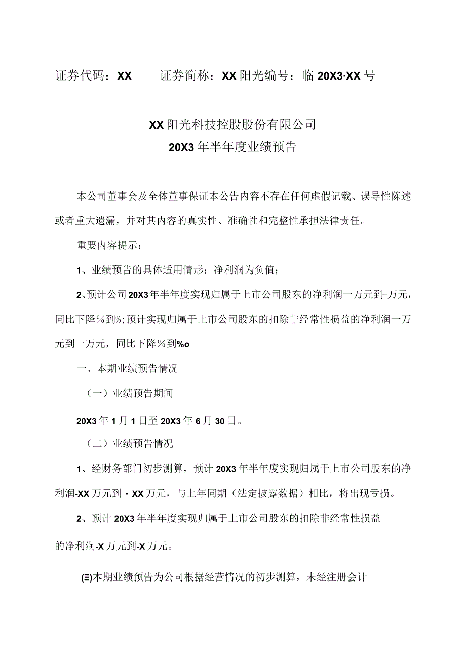 XX阳光科技控股股份有限公司20X3年半年度业绩预告.docx_第1页