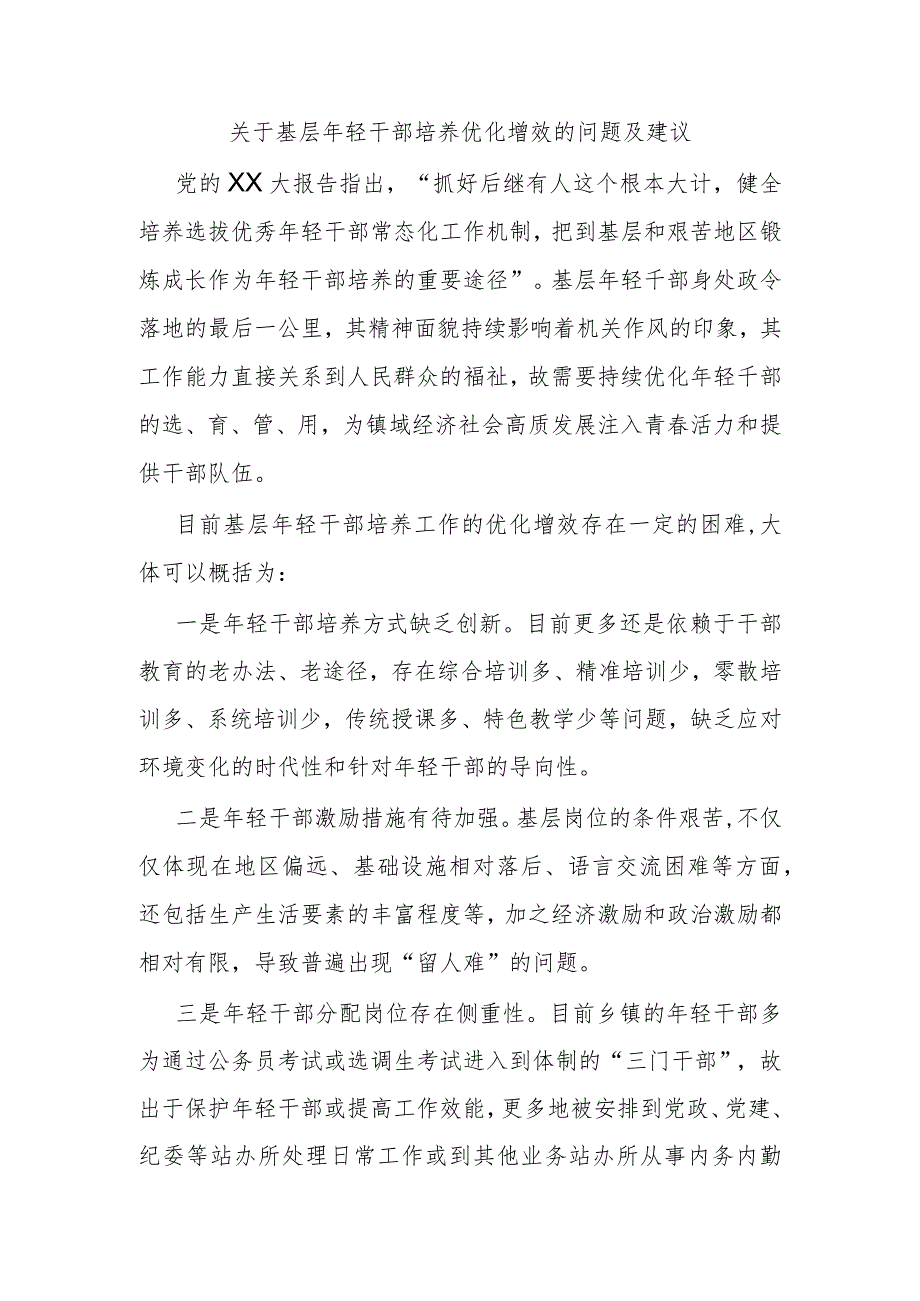 关于基层年轻干部培养优化增效的问题及建议.docx_第1页