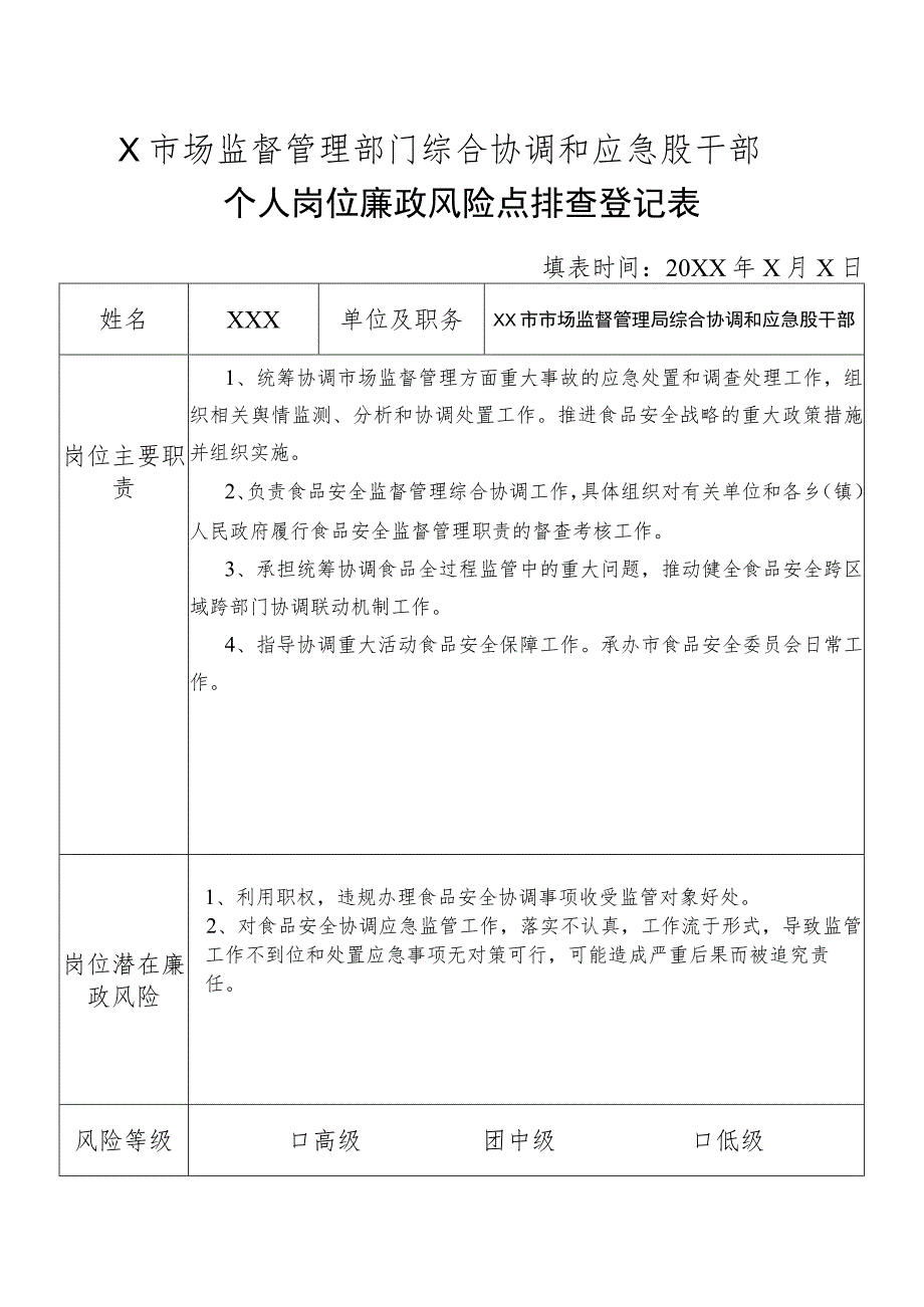 X县市场监督管理部门综合协调和应急股干部个人岗位廉政风险点排查登记表.docx_第1页