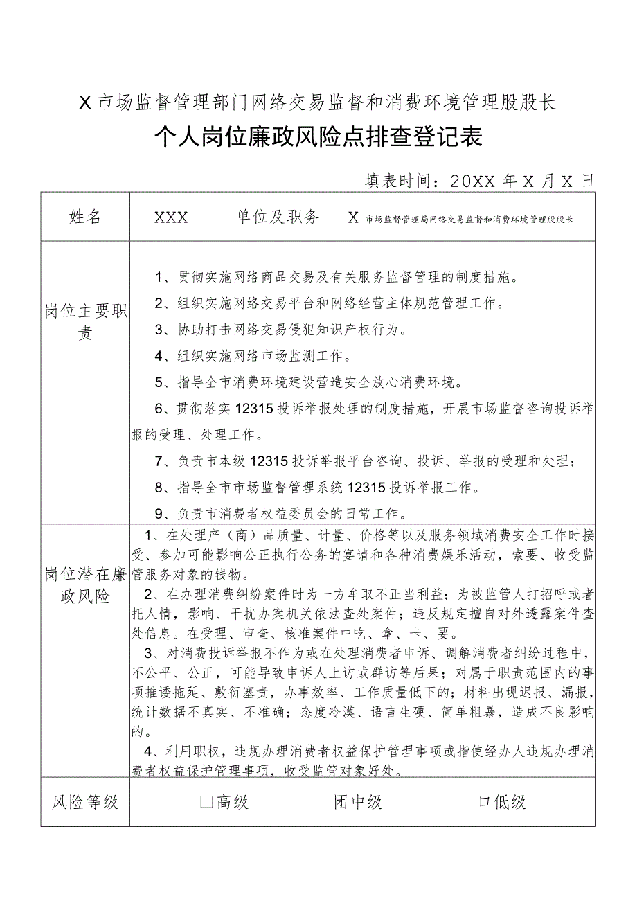 X县市场监督管理部门网络交易监督和消费环境管理股股长个人岗位廉政风险点排查登记表.docx_第1页