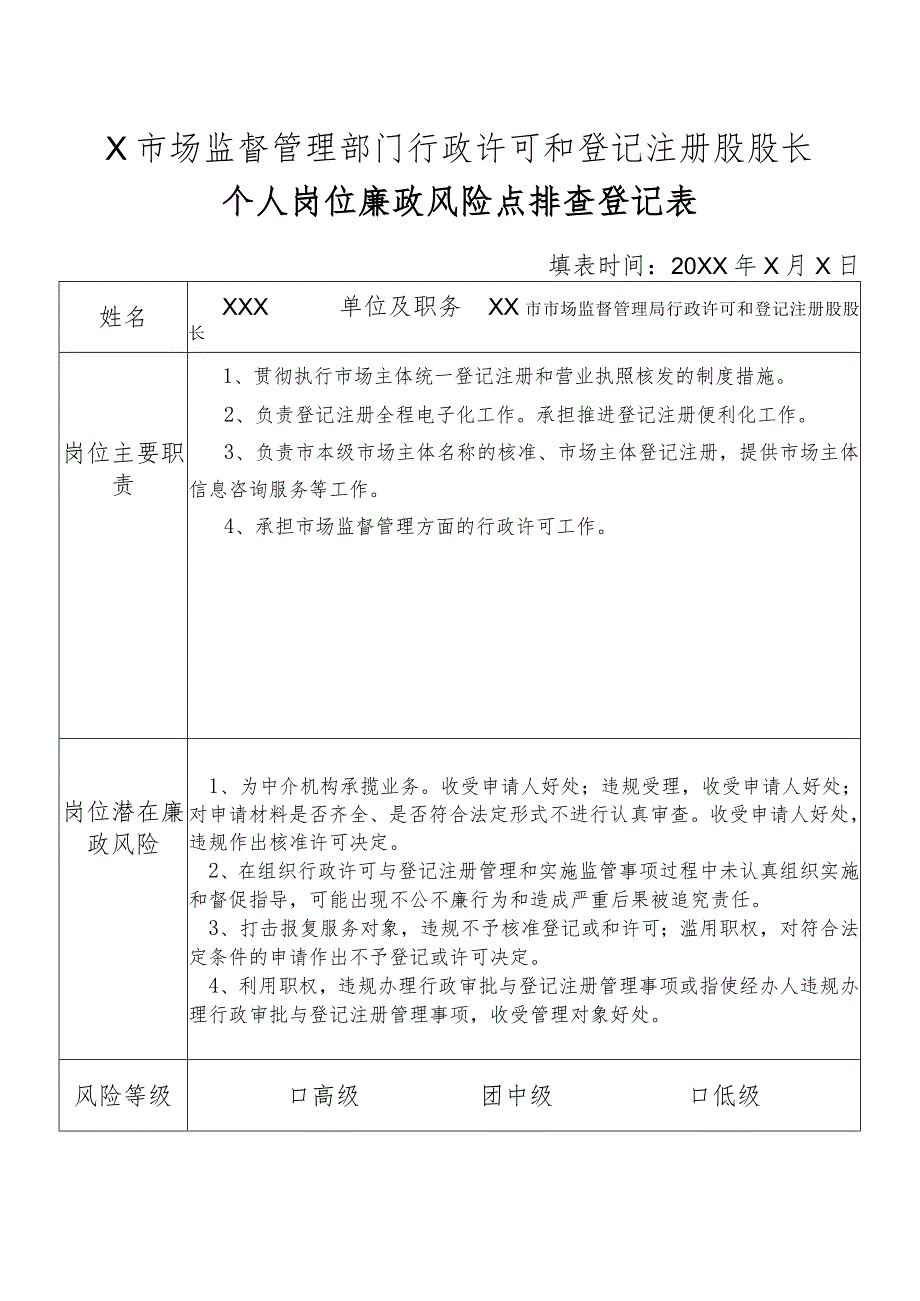 X县市场监督管理部门行政许可和登记注册股股长个人岗位廉政风险点排查登记表.docx_第1页