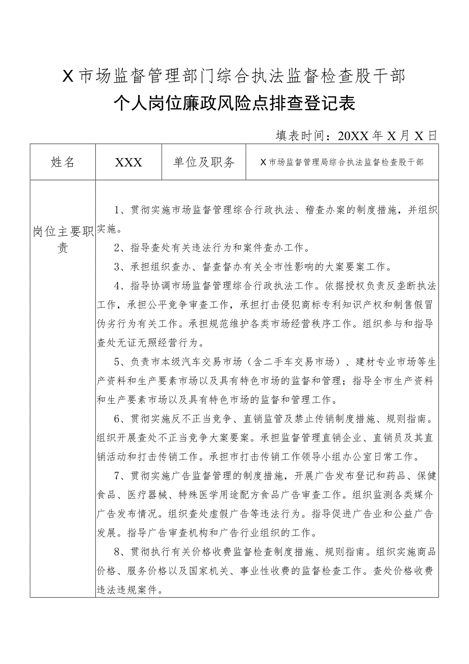 X县市场监督管理部门综合执法监督检查股干部个人岗位廉政风险点排查登记表.docx_第1页