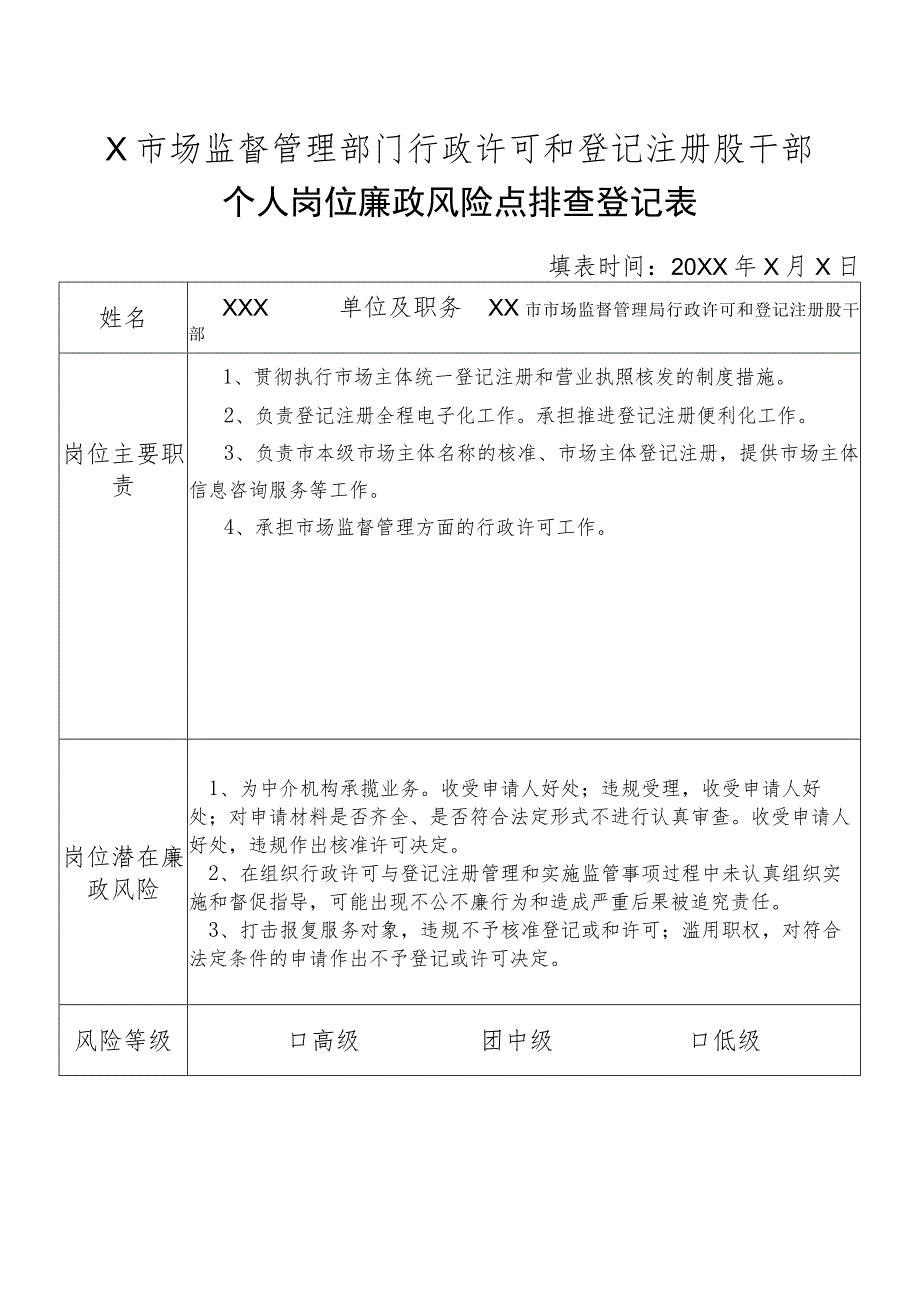 X县市场监督管理部门行政许可和登记注册股干部个人岗位廉政风险点排查登记表.docx_第1页