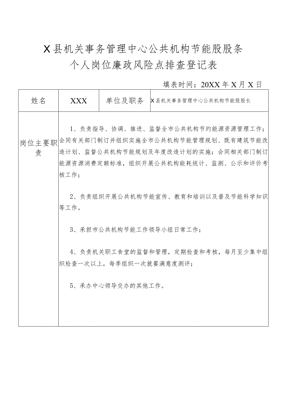 某县机关事务管理中心公共机构节能股股长个人岗位廉政风险点排查登记表.docx_第1页