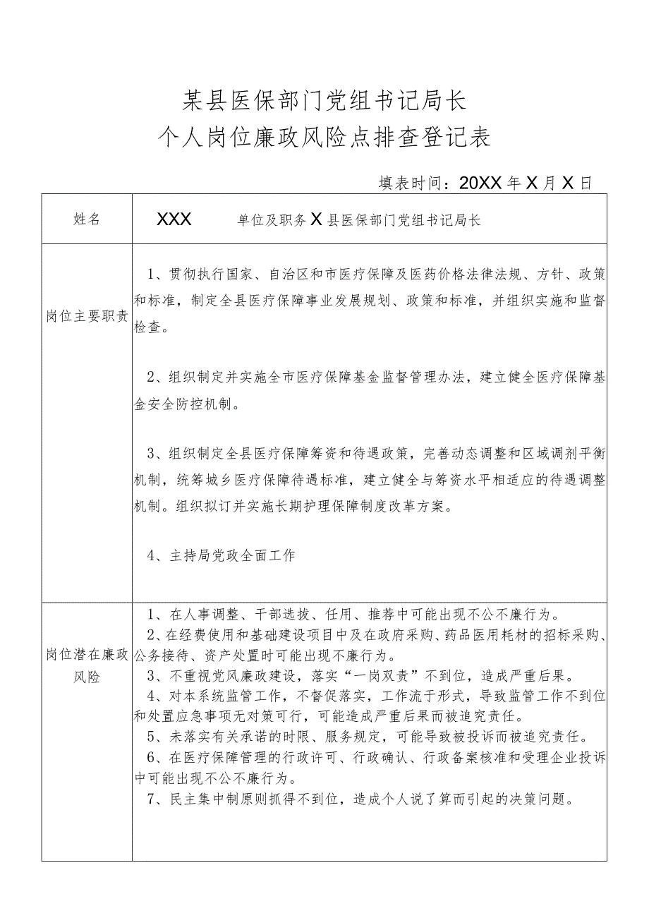 某县医保部门党组书记局长个人岗位廉政风险点排查登记表.docx_第1页