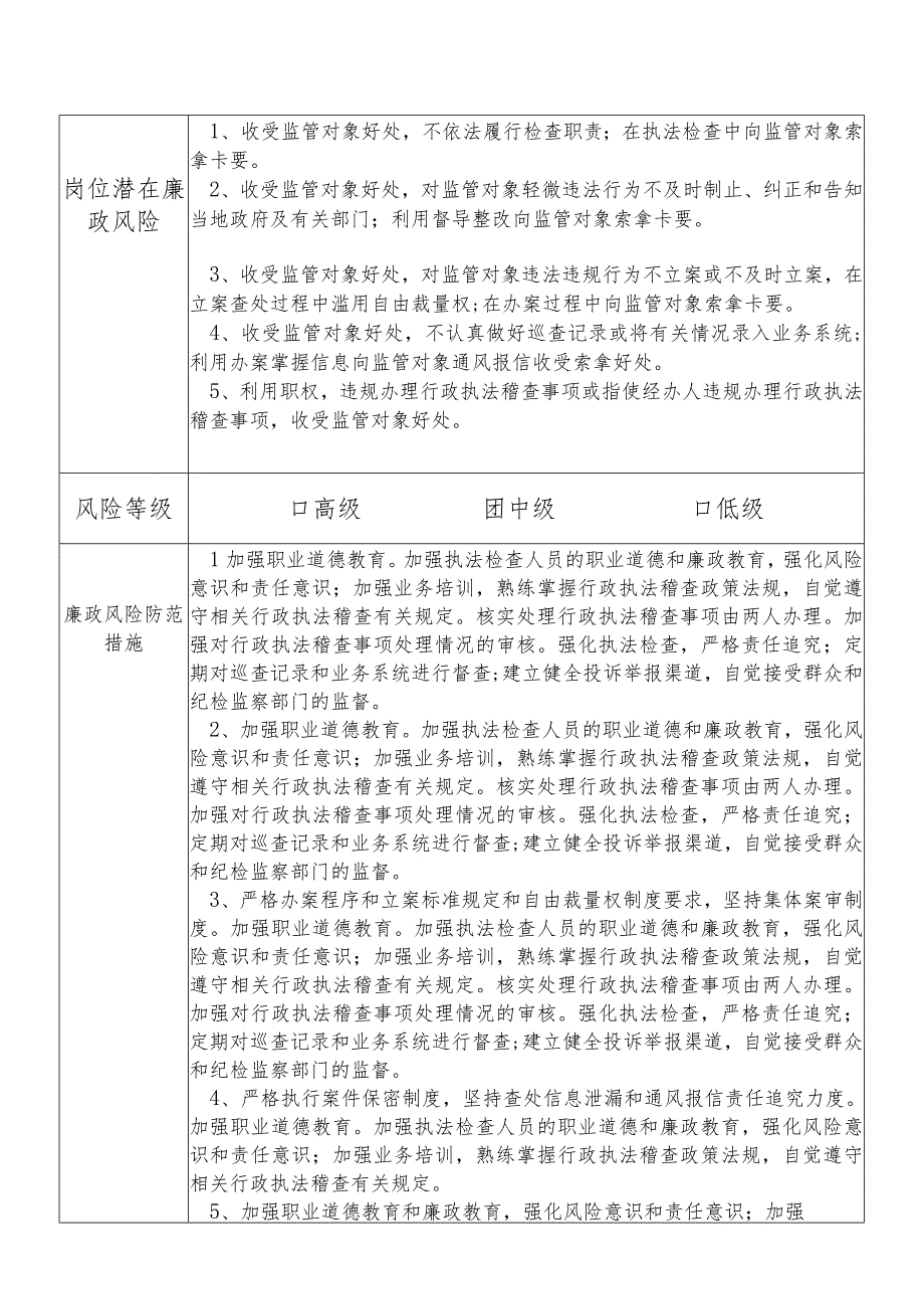 X县市场监督管理部门综合执法监督检查股股长个人岗位廉政风险点排查登记表.docx_第2页