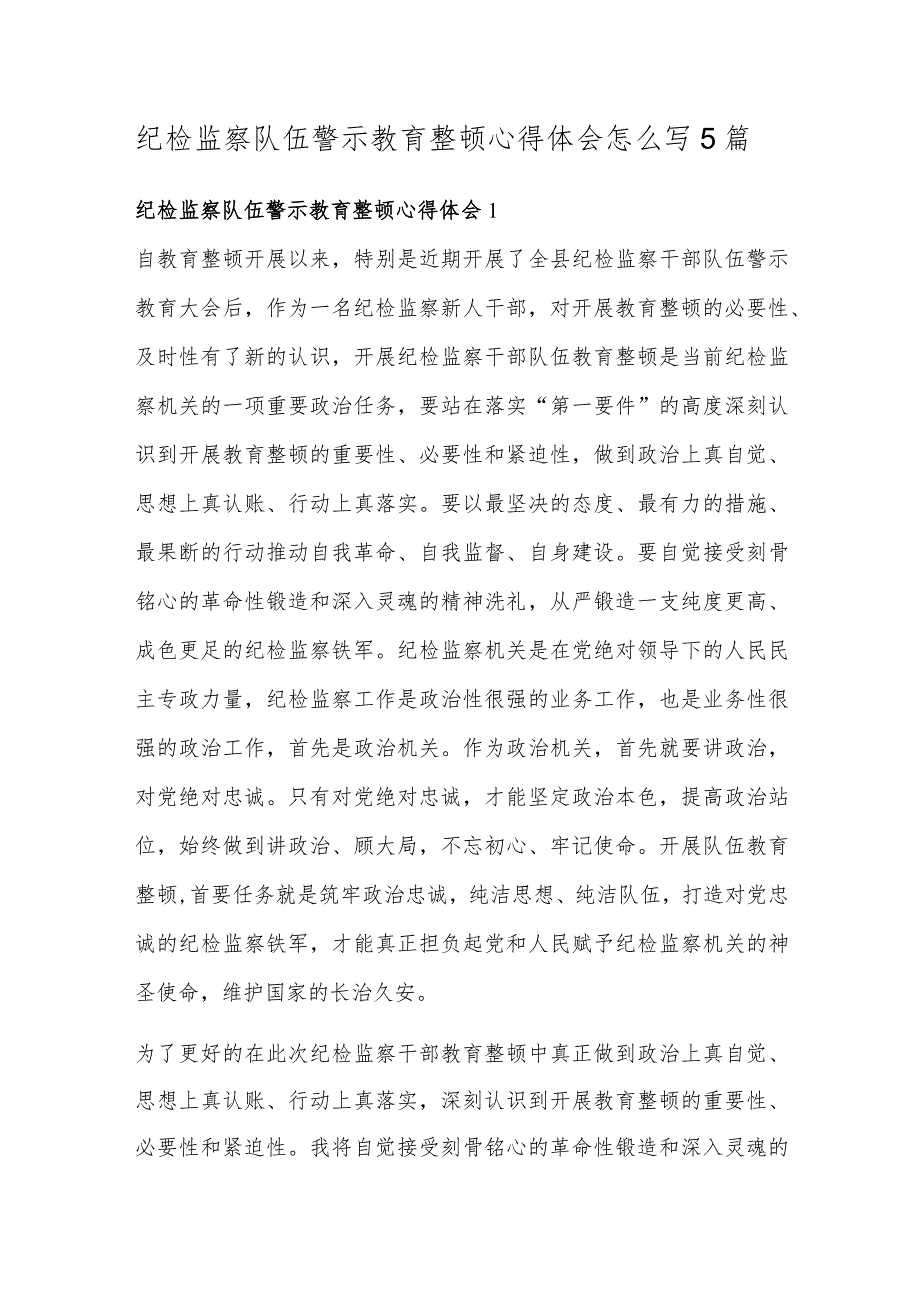 纪检监察队伍警示教育整顿心得体会怎么写5篇.docx_第1页