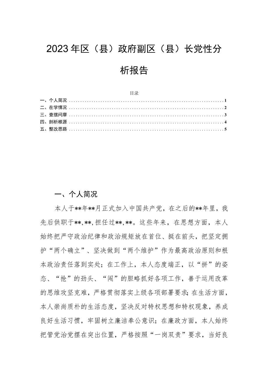 2023年区（县）政府副区（县）长党性分析报告.docx_第1页