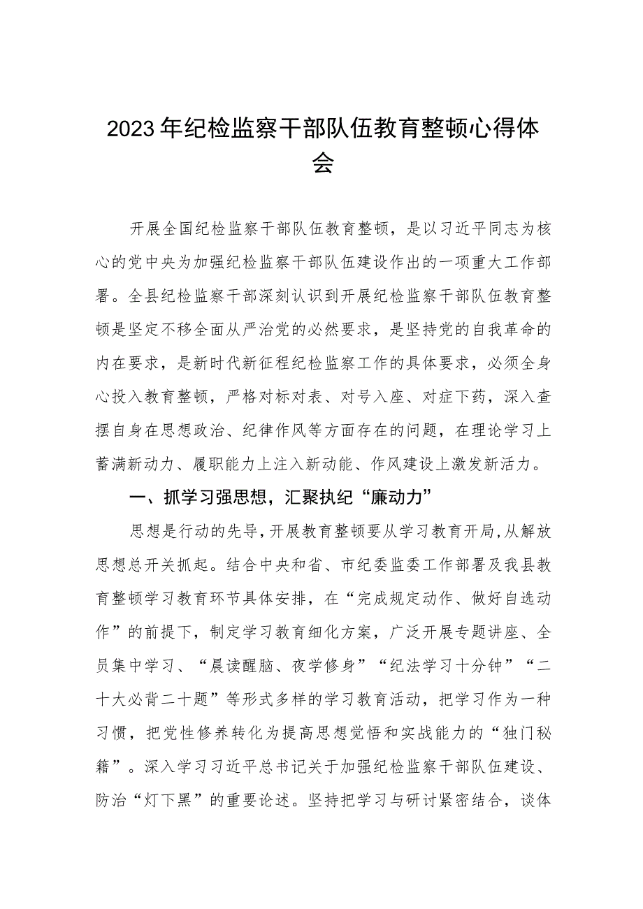 2023年全国纪检监察干部队伍教育整顿的心得体会(九篇).docx_第1页