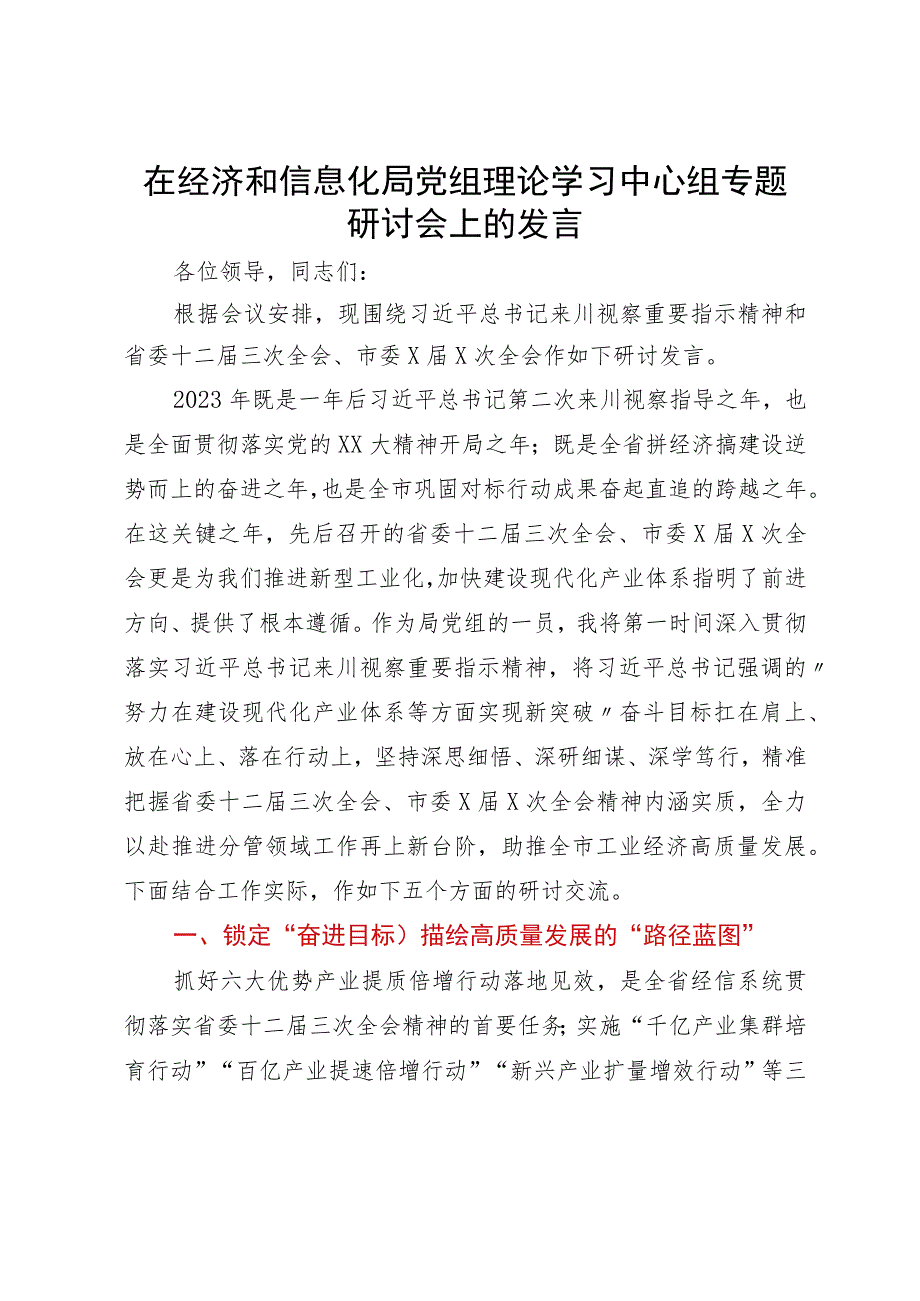 在经济和信息化局党组理论学习中心组专题研讨会上的发言.docx_第1页