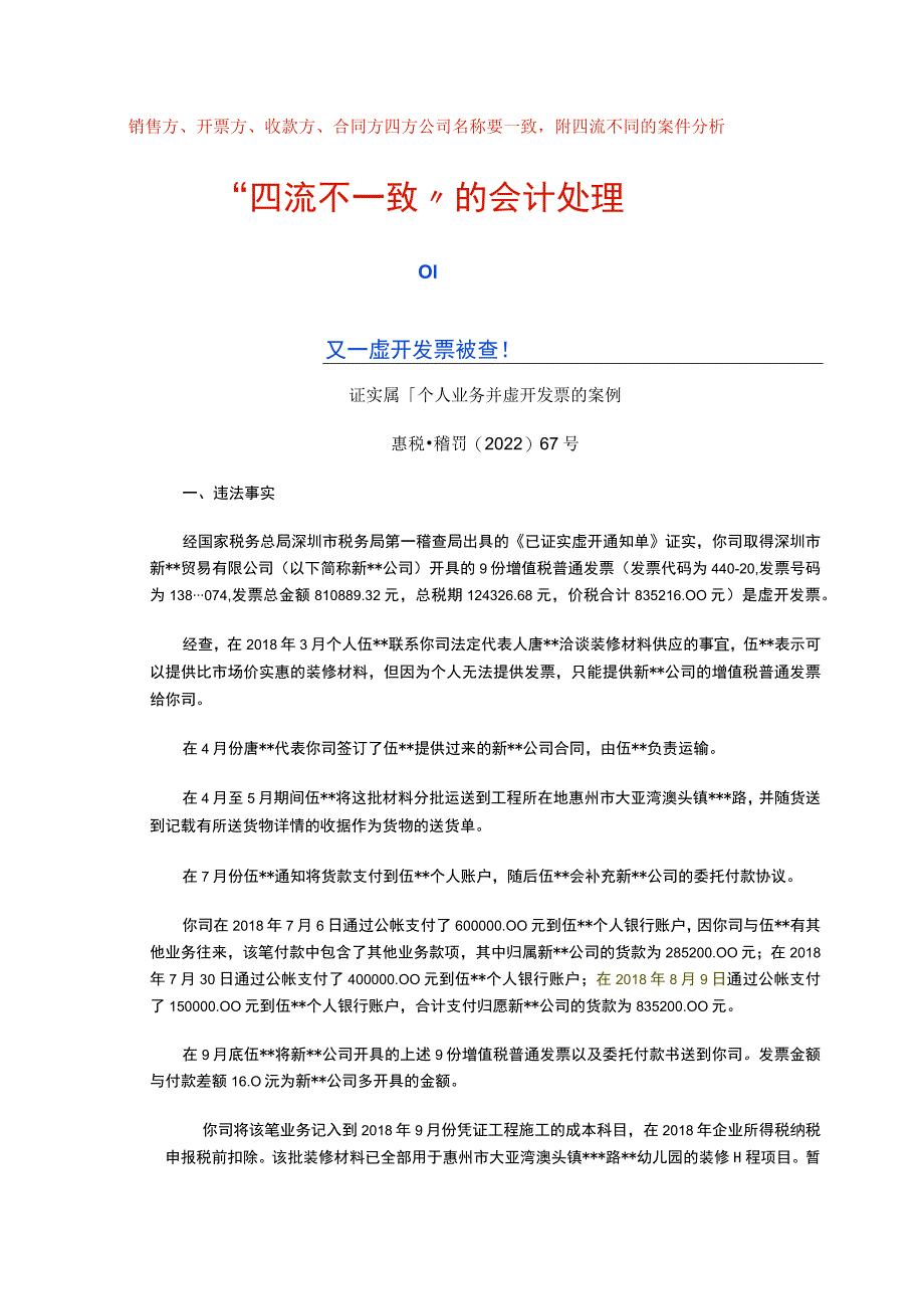 销售方、开票方、收款方、合同方四方公司名称要相同附四流不一致的案例分析.docx_第1页