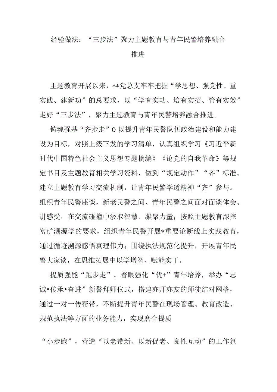 经验做法：“三步法”聚力主题教育与青年民警培养融合推进.docx_第1页