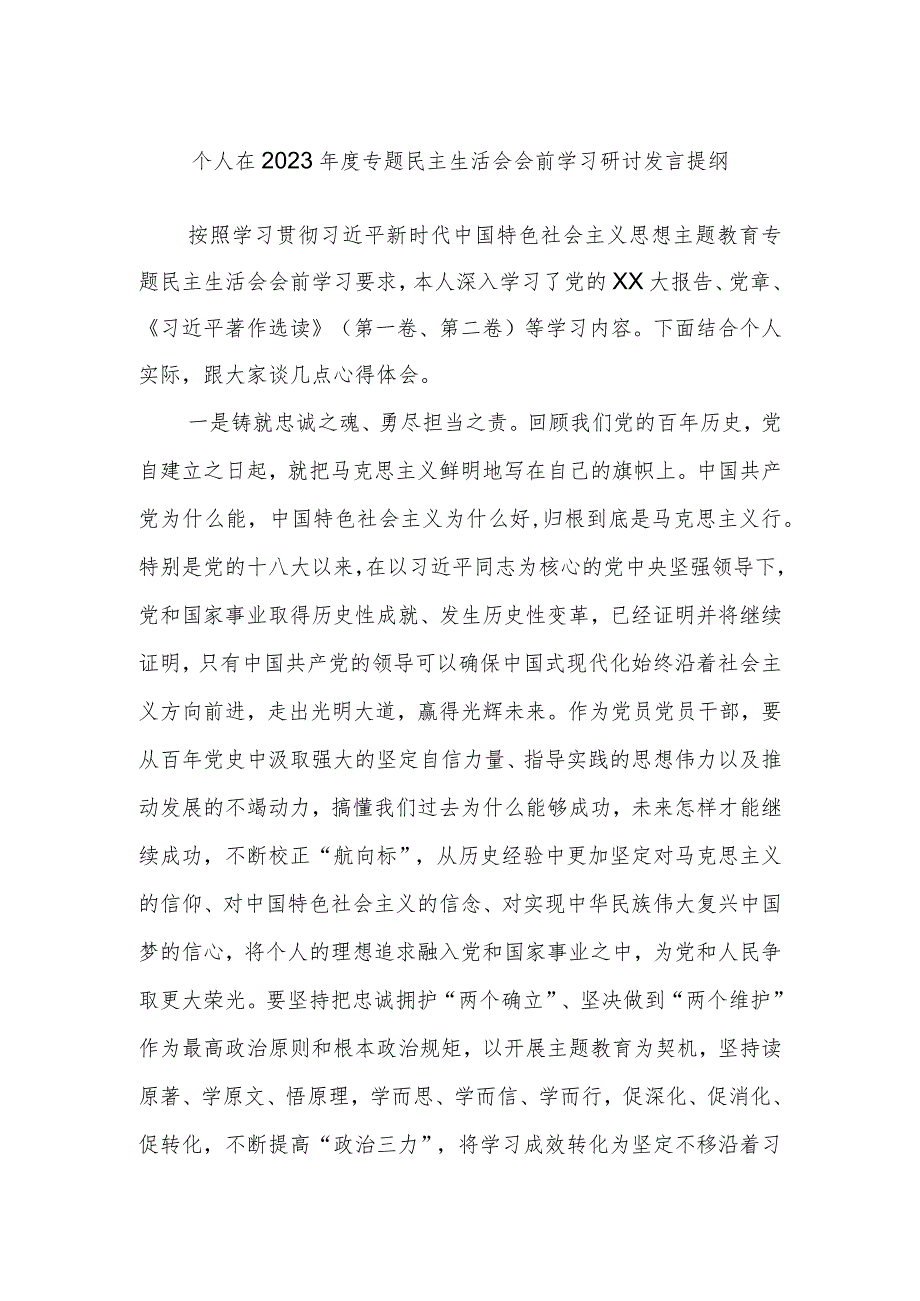 个人在2023年度专题民主生活会会前学习研讨发言提纲.docx_第1页