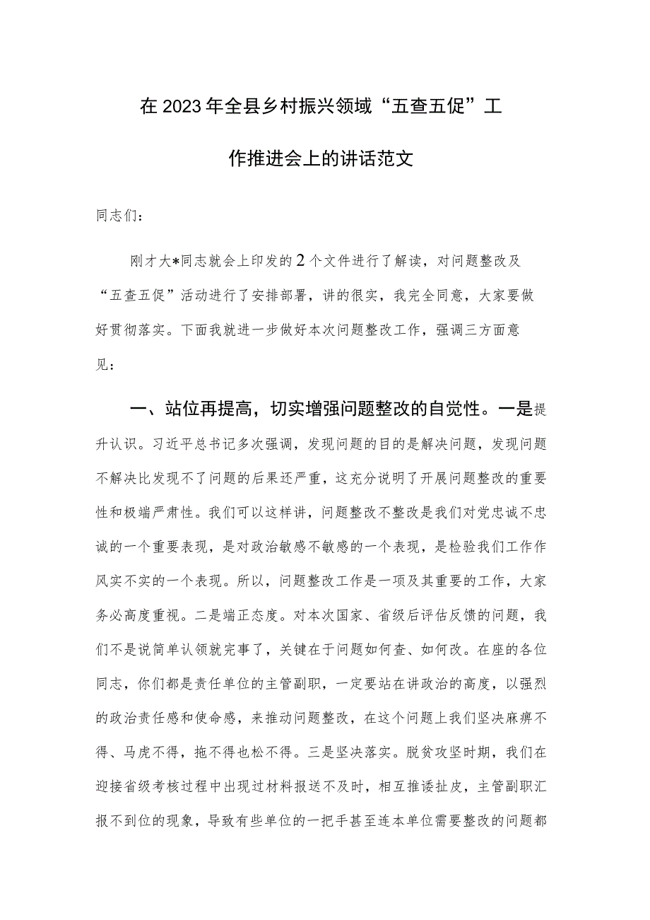 在2023年全县乡村振兴领域“五查五促”工作推进会上的讲话范文.docx_第1页