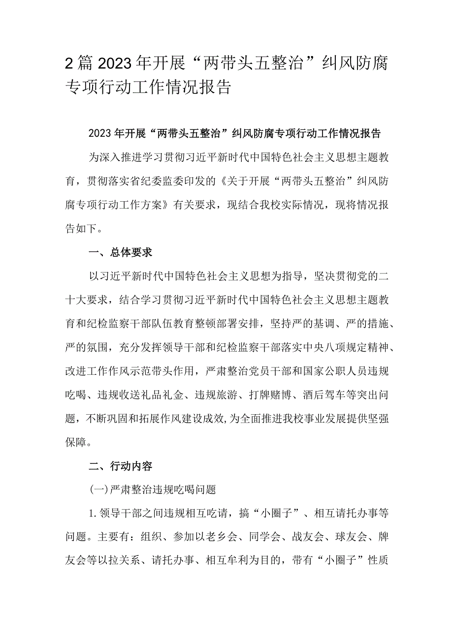 2篇2023年开展“两带头五整治”纠风防腐专项行动工作情况报告.docx_第1页