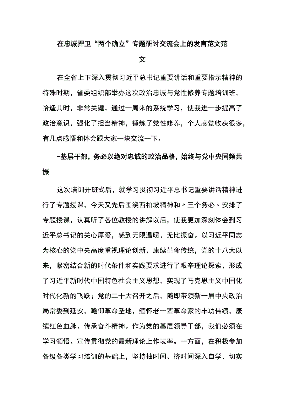 在忠诚捍卫“两个确立”专题研讨交流会上的发言范文范文.docx_第1页