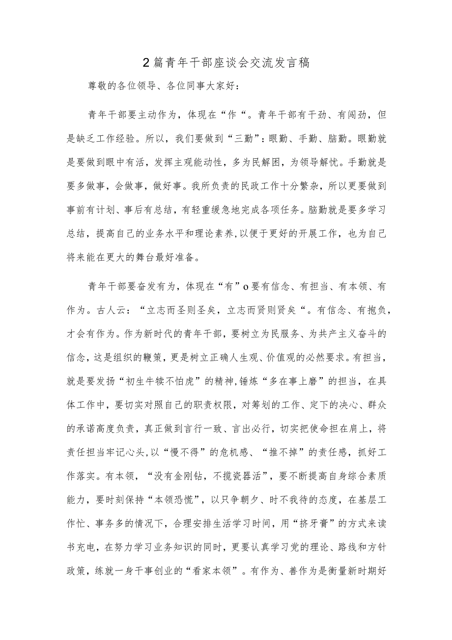 2篇青年干部座谈会交流发言稿.docx_第1页