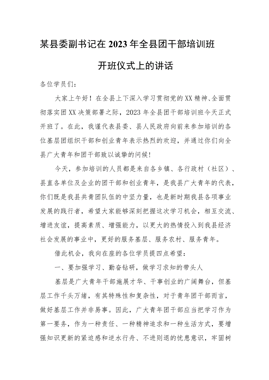 某县委副书记在2023年全县团干部培训班开班仪式上的讲话.docx_第1页